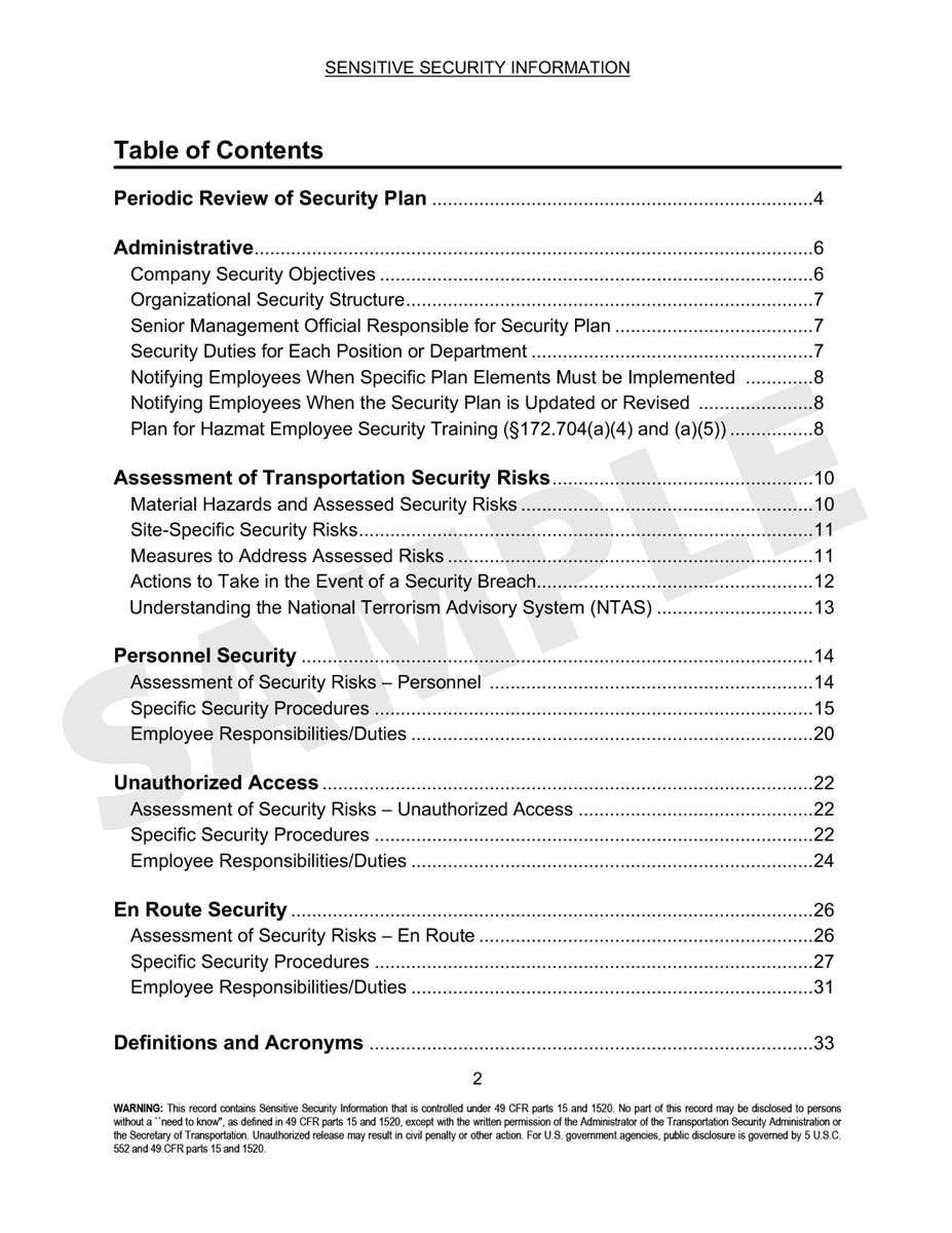Table of contents from a Propane Safety Pro security plan, showing personnel, unauthorized access, and en route security sections